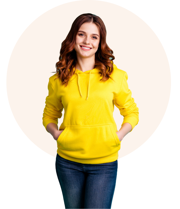 cutout (2) A woman in yellow hoodie and jeans.