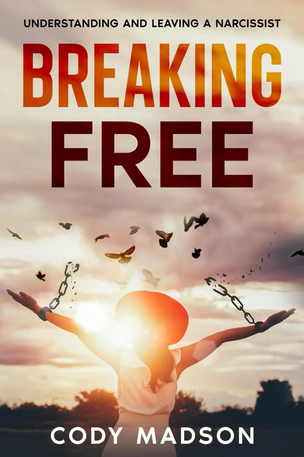 A person is chained to the ground with birds flying overhead.