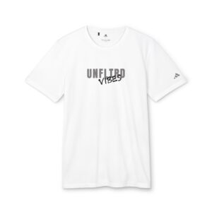 White t-shirt with "Unfiltered Vibes" text.