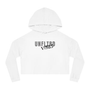 White hoodie with "UNFLTRD VIBES" text design.